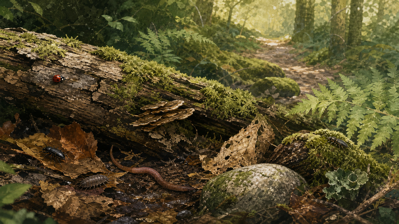 Painterly woodland floor with moss, leaf litter, fallen logs, and tiny mini beasts.