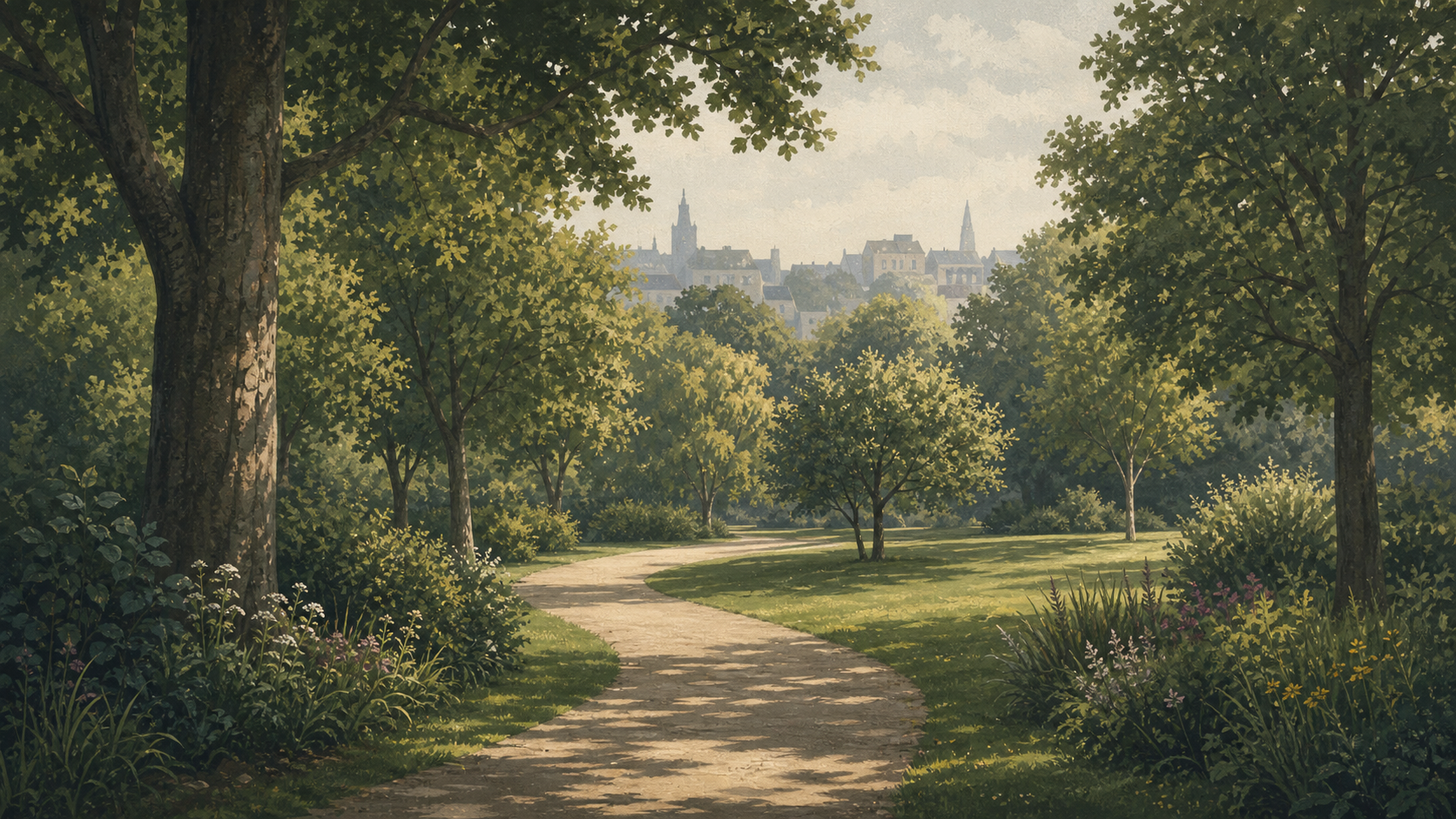 Artistic illustration of an urban green space with dappled light, families and wildlife.