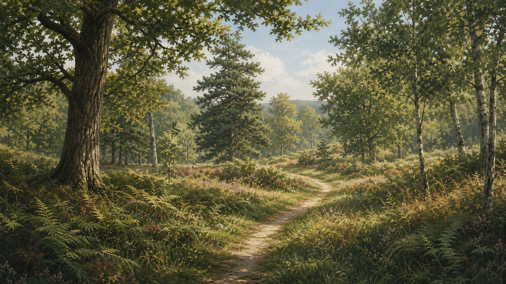 Mixed woodland scene, artistic illustration with trees.