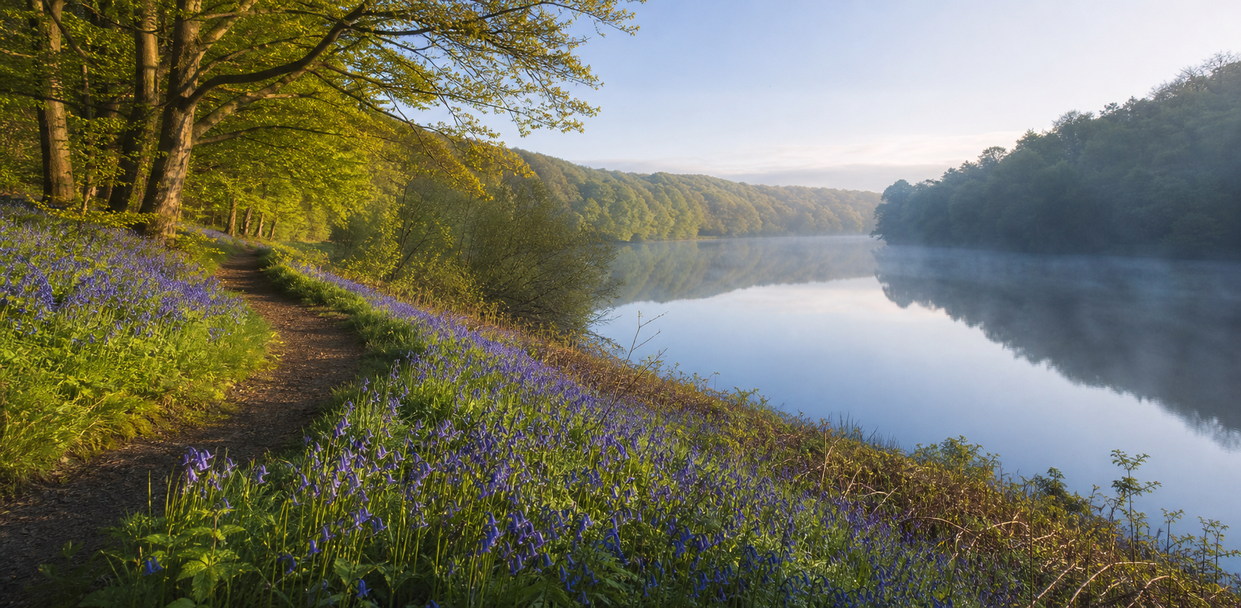 Bluebells beside a walking trail along a quiet UK reservoir
